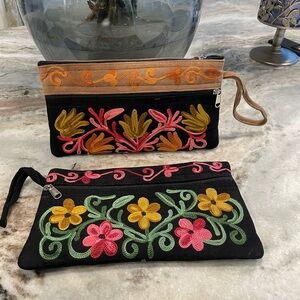Elegant Floral Embroidered Clutch Set - Black with Gold and Pink Details